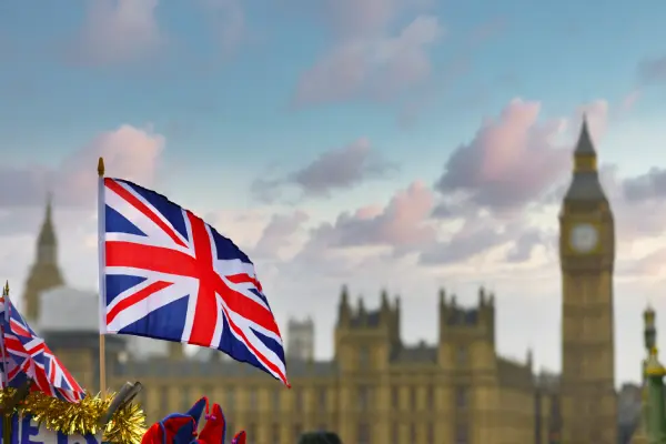 Great Britain flag in front of houses of parliament